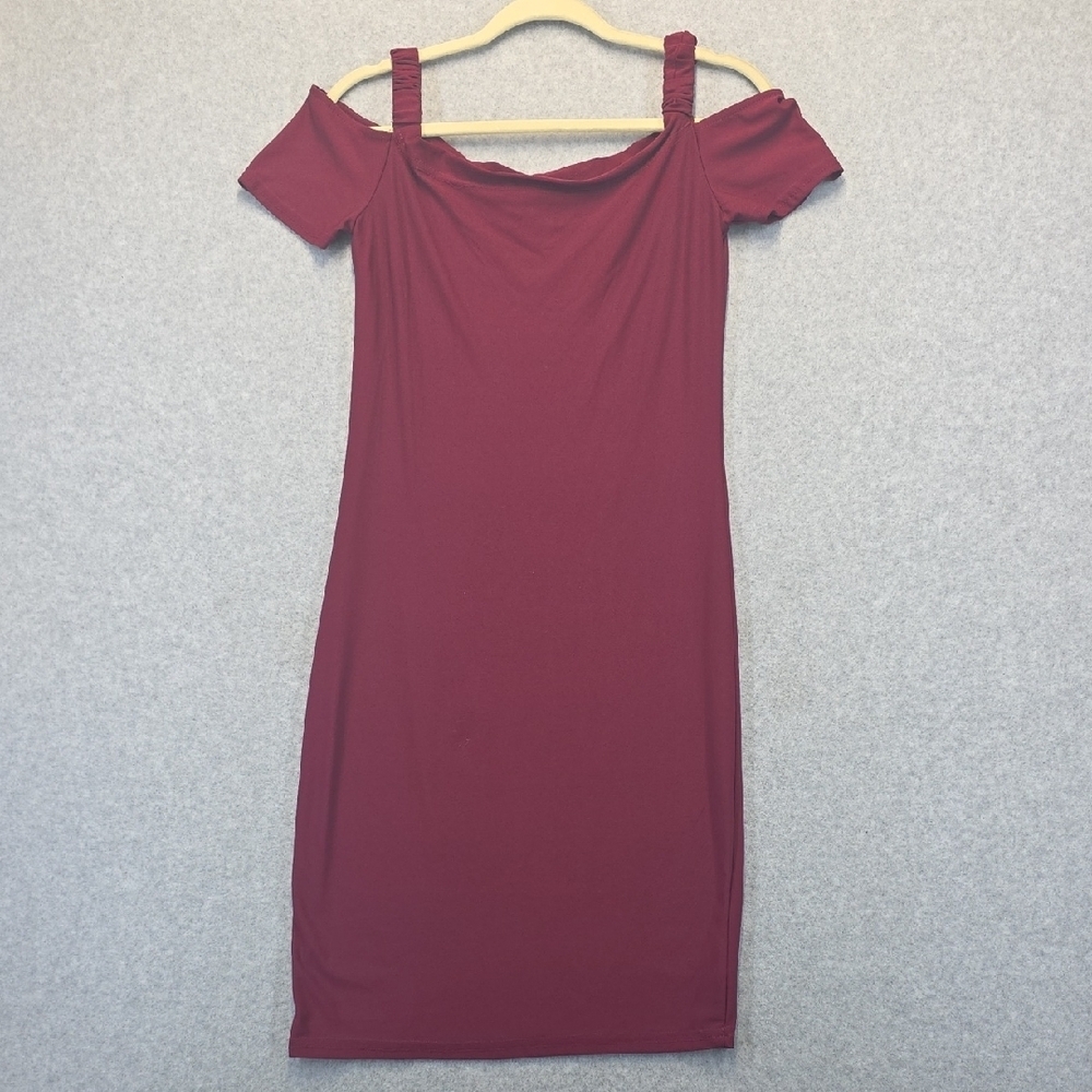 Burgundy Off Shoulder Bodycon Dress Ruched Strap Short Sleeve Size L